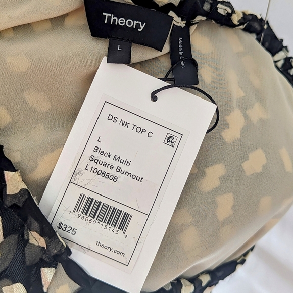 Theory Blouse Top Silk Blend Tie Neckline Gathered Waist Long Sleeve Black L NWT - Picture 13 of 14